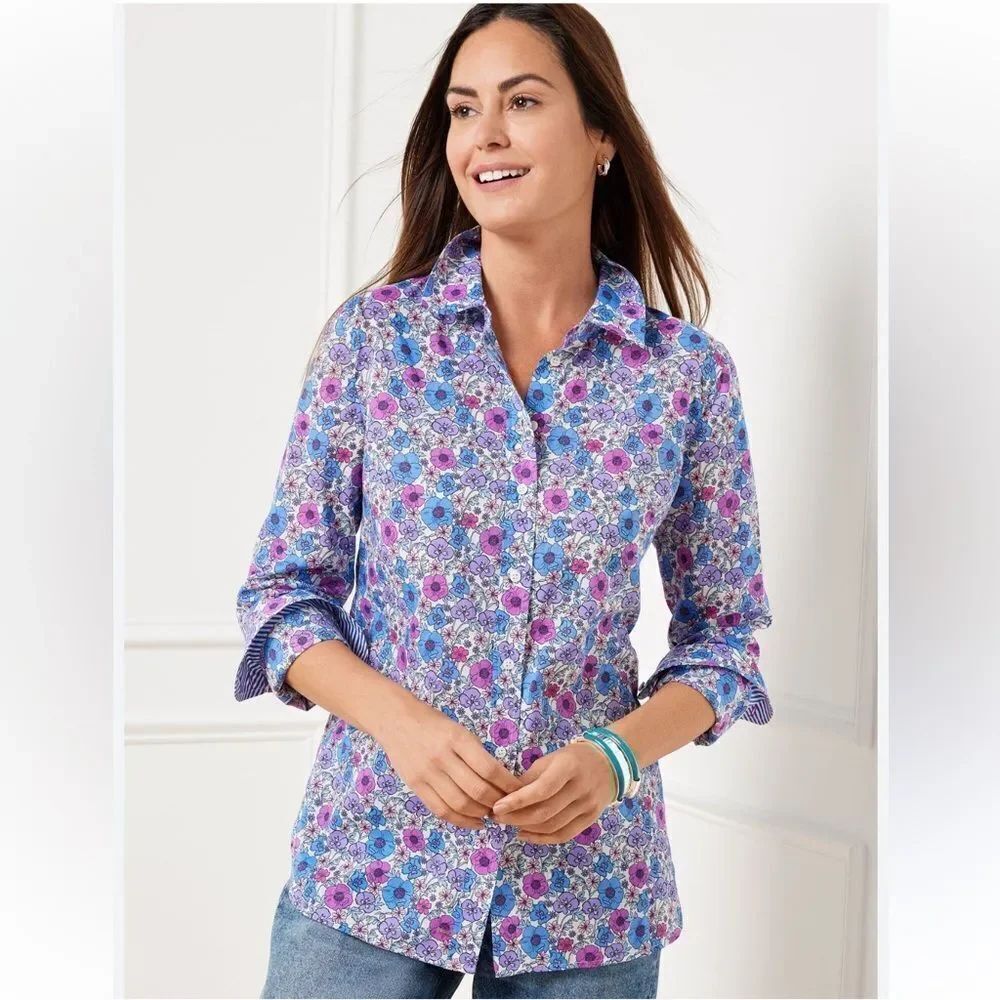 TALBOTS L White Blue Purple Poppy Ditsy Long Sleeve Modern Classic Cotton Shirt
